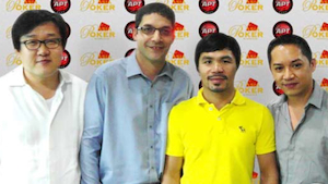From left to right: Joseph Kim (Asia Poker Sports Club Consultant), Jason Morris (APT Tournament Manager), Manny Pacquiao, Lloyd Fontillas (APT Tournament Director)