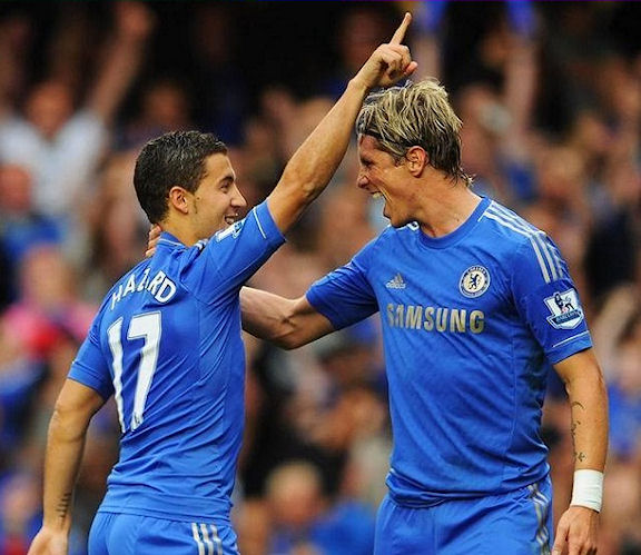 Phenomenal summer signing Eden Hazard celebrating with Fernando Torres