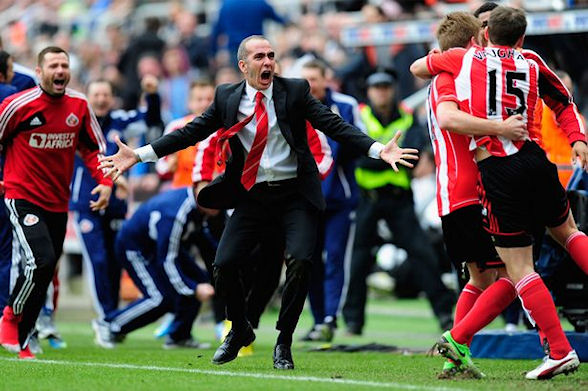 Paul Di Canio celebrated with his players in the Tyne-Wear derby