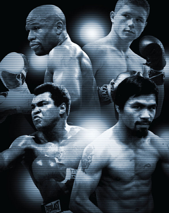 Clockwise from top left: Floyd Mayweather, Saul Alvarez, Manny Pacquiao and Muhammad Ali