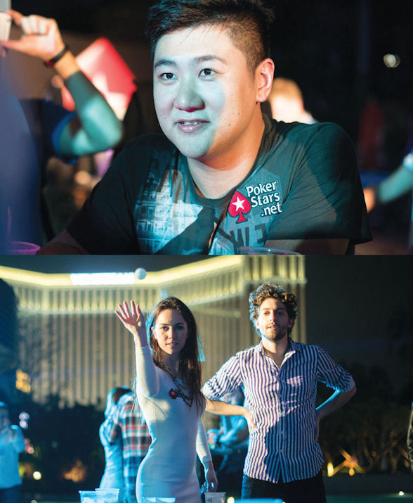 Local poker pro Bryan Huang enjoys a drink (above), while PokerStars player Liv Boeree and high stakes specialist Igor Kurganov indulge in some beer pong at the ACOP welcome party at City of Dreams Macau 