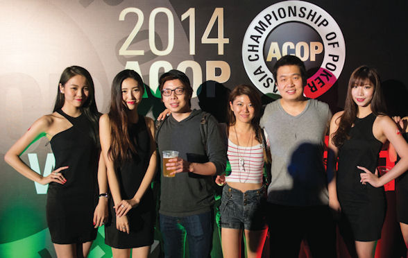 Local Macau models enjoy the revelries at the ACOP party with 2010 WSOP November Niner Joseph Cheong, Canadian poker pro Xuan Liu and heads-up specialist Jason Mo 