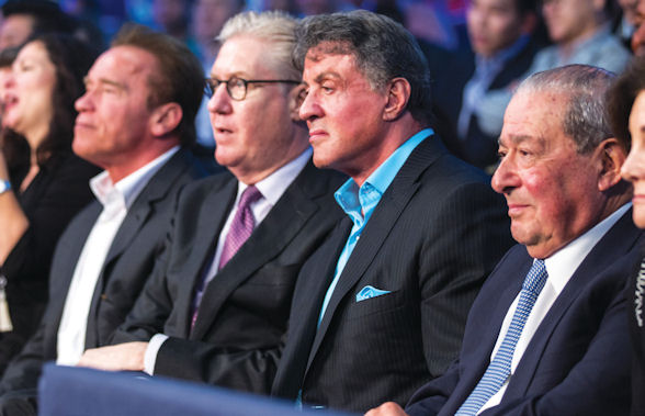 Left to right: Action movie great Arnold Schwarzenegger, Sands CEO Ed Tracy, fellow action star Sylvester Stallone and boxing promoter Bob Arum ringside at Manny Pacquiao's fight against Chris Algieri at Cotai Arena