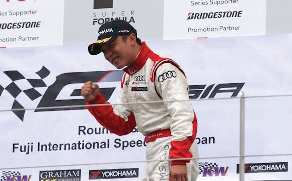 Marchy Lee celebrates a victory in Japan during the 2013 GT Asia Series